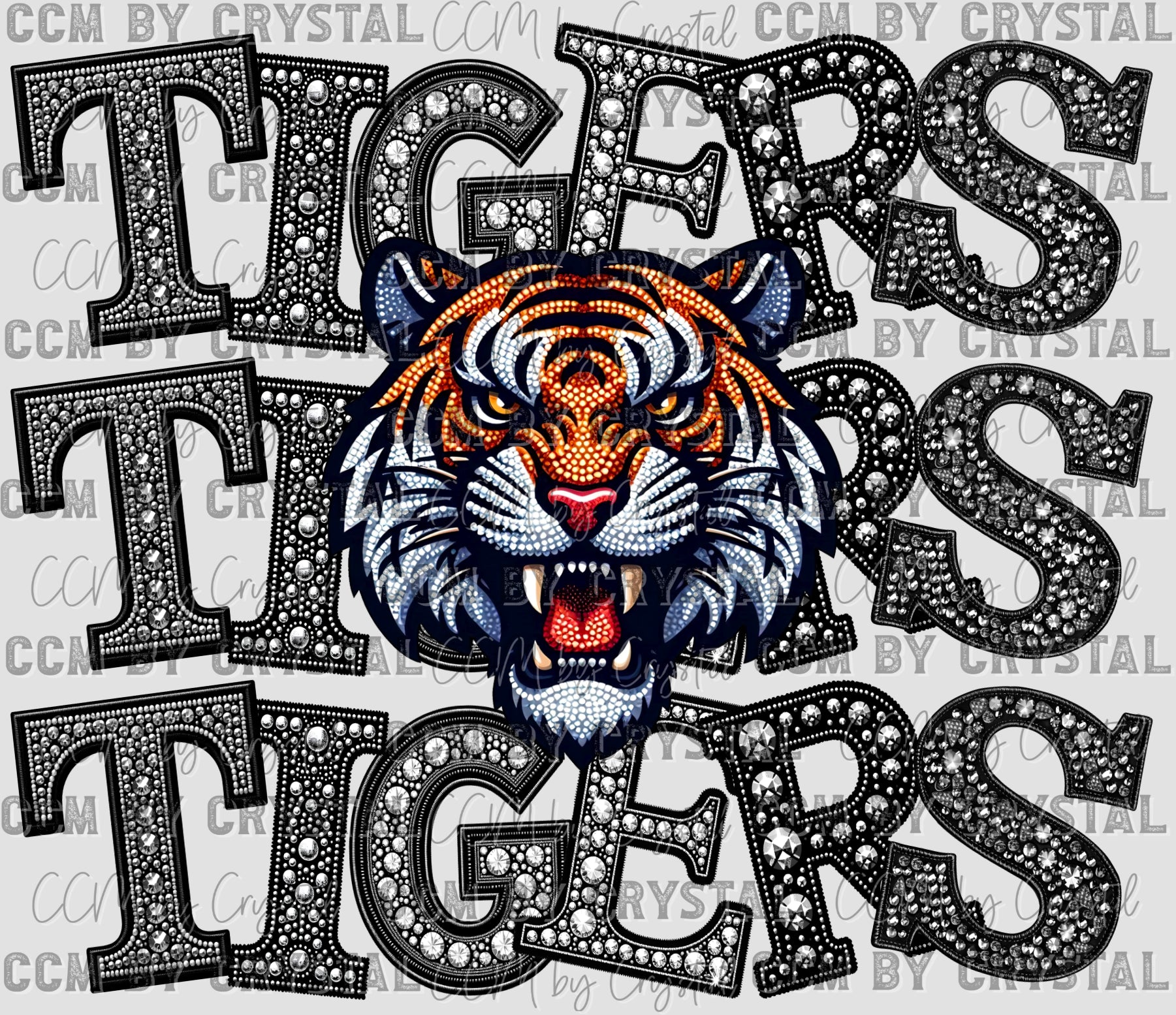 Tigers Mascot Stacked Faux Rhinestones Ready to Press Transfer DTF Tra ...