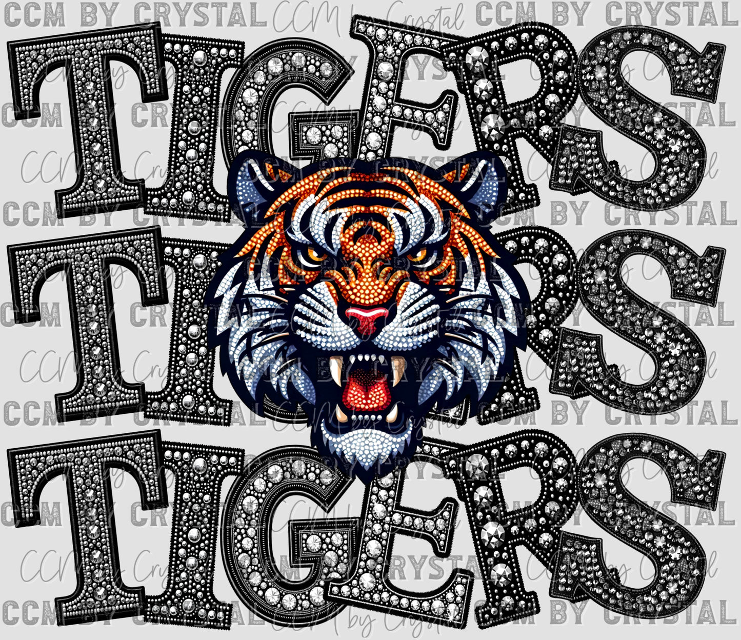 Tigers Mascot Stacked Faux Rhinestones Ready to Press Transfer DTF Transfer Sublimation Transfer