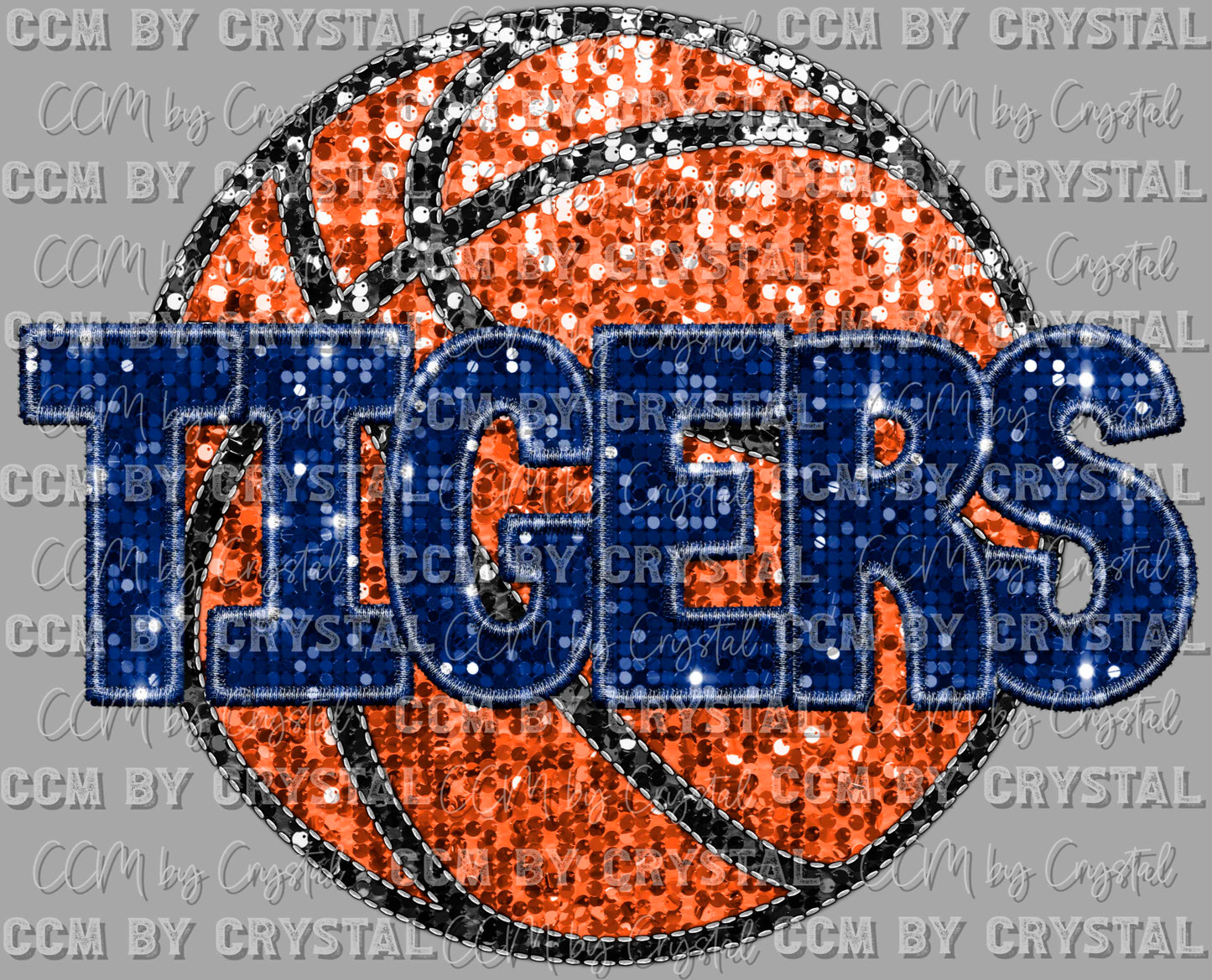 Tigers Basketball Blue Faux Embroidery Faux Sequins Mascot Ready to Press Transfer