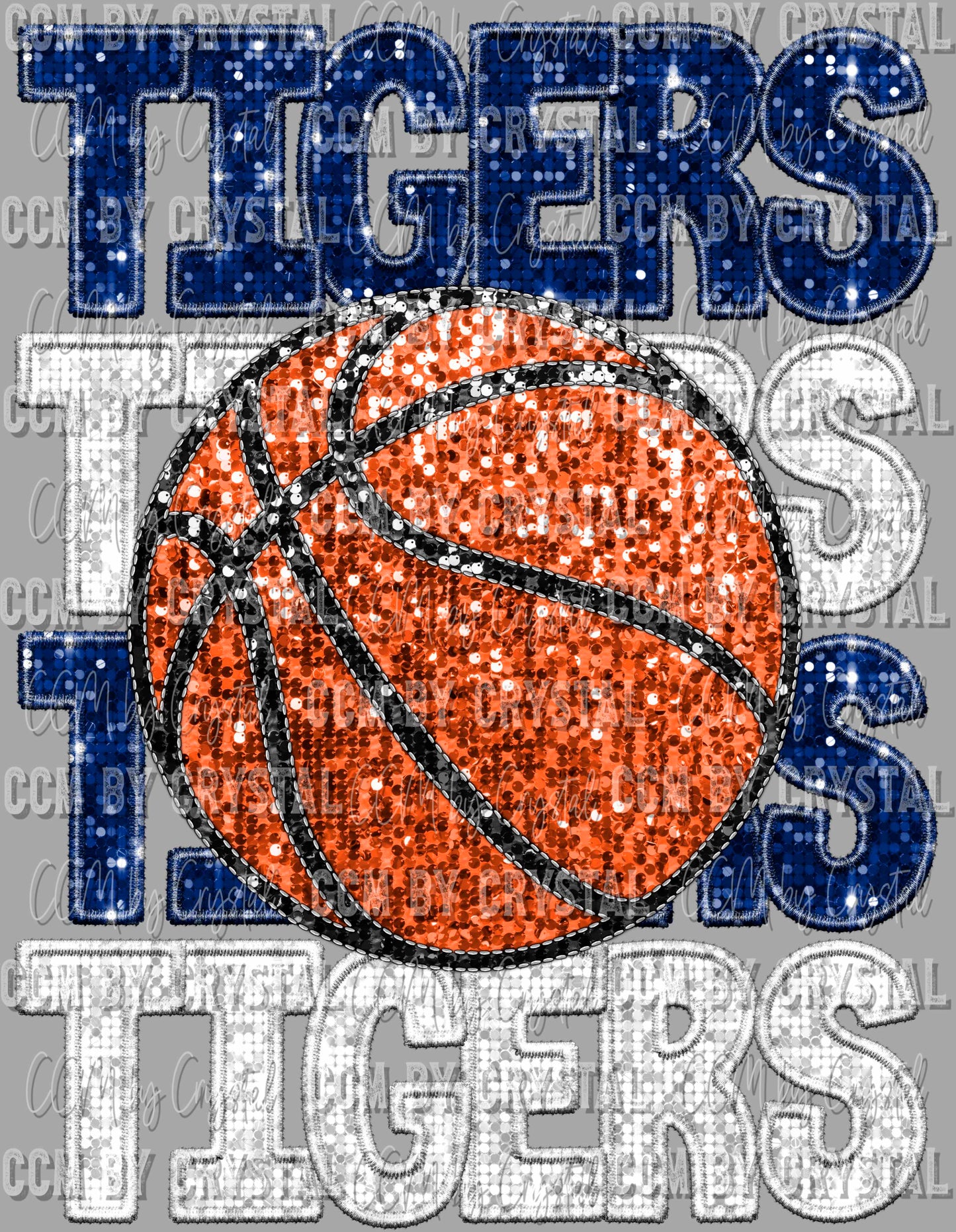 Tigers Basketball Blue and White Faux Embroidery Faux Sequins Mascot Ready to Press Transfer