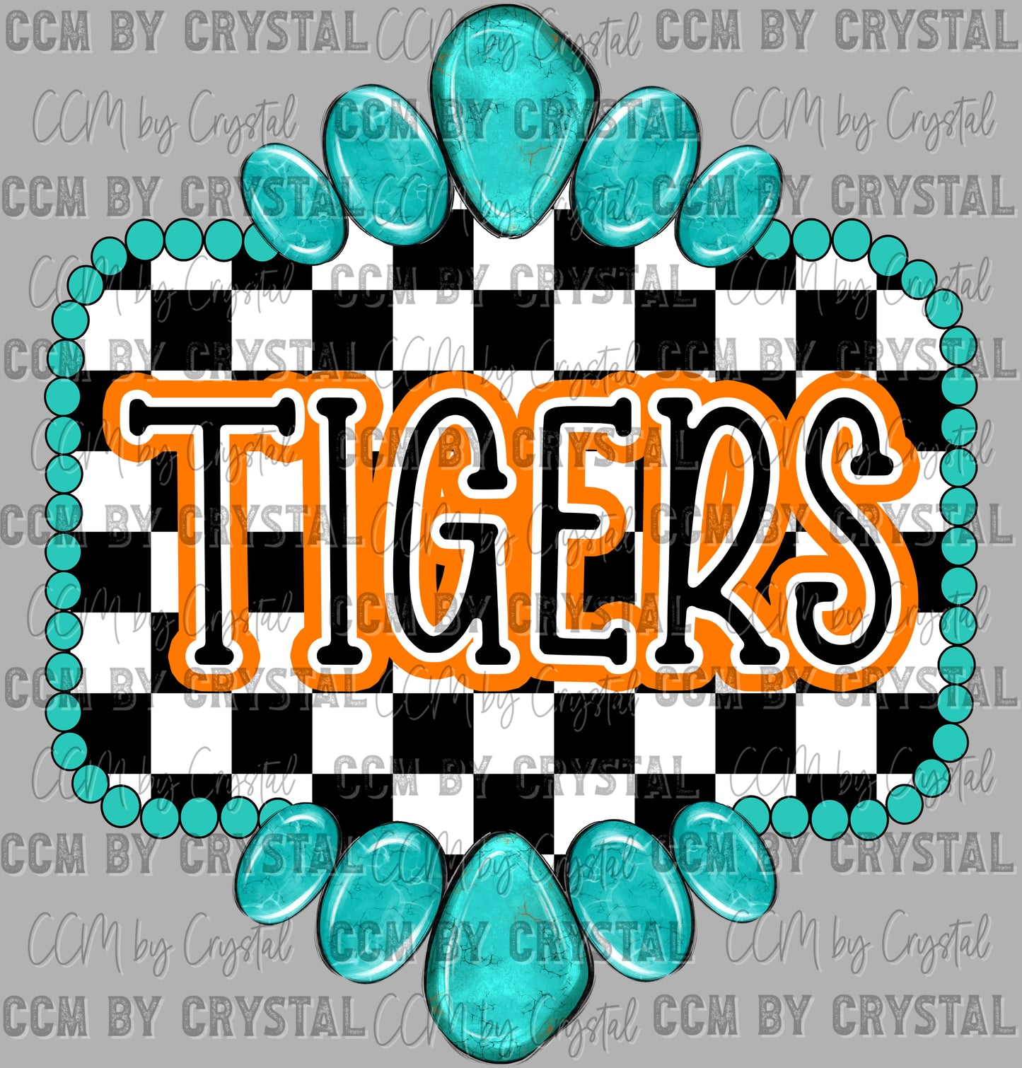 Orange Tigers Mascot Turquoise Concho Ready to Press Transfer DTF Transfer Sublimation Transfer