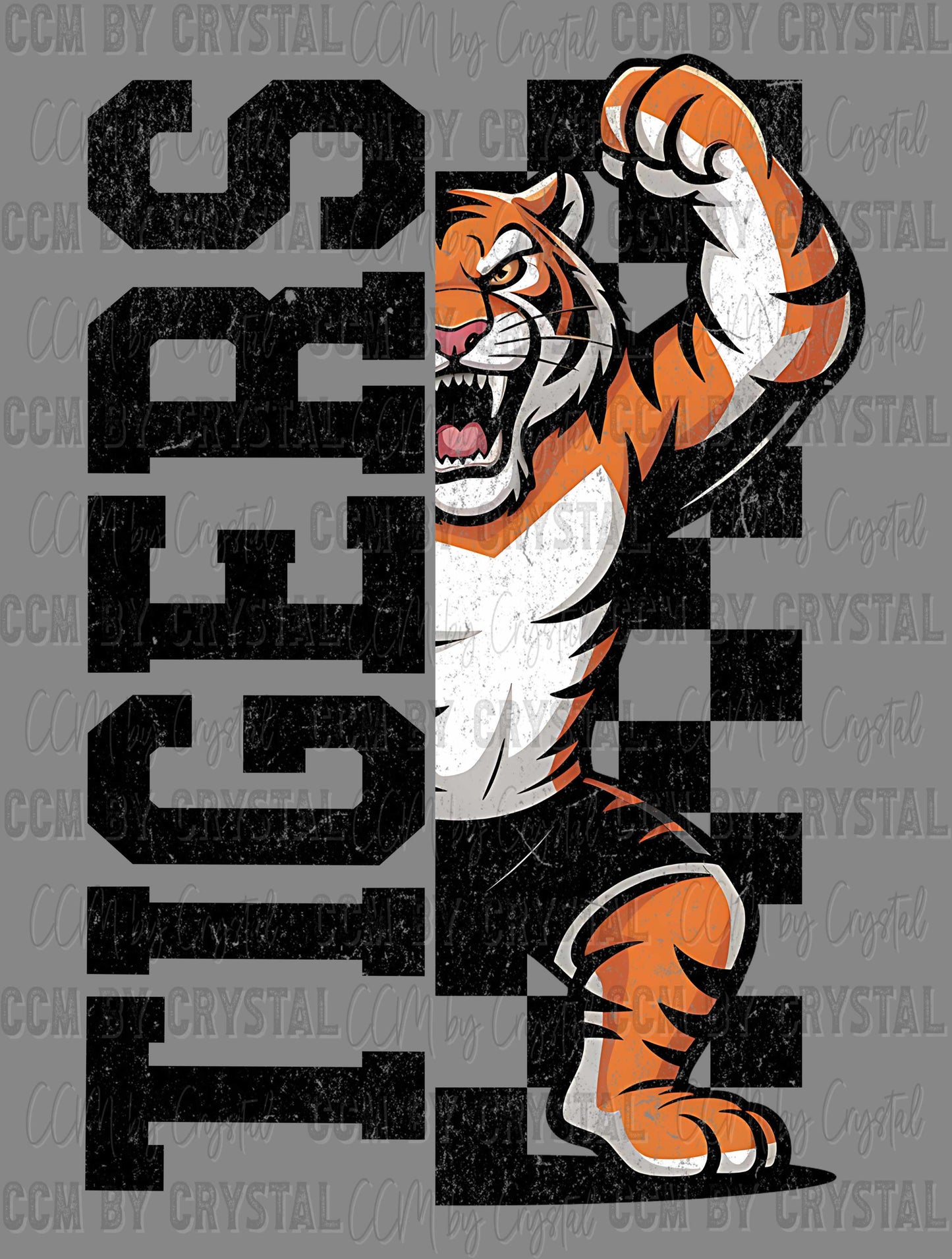 Tigers Grunge Checkered Sports Mascot Ready to Press Transfer DTF Transfer Sublimation Transfer