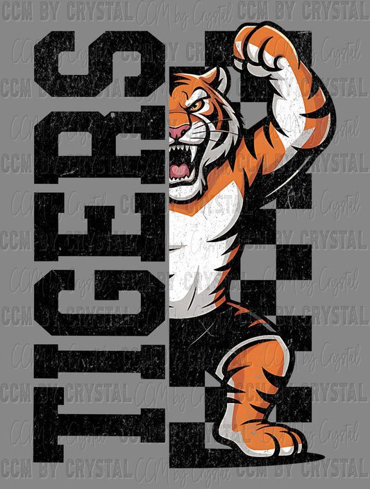 Tigers Grunge Checkered Sports Mascot Ready to Press Transfer DTF Transfer Sublimation Transfer