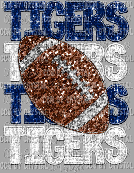 Tigers Football Blue and White Faux Embroidery Faux Sequins Mascot Ready to Press Transfer