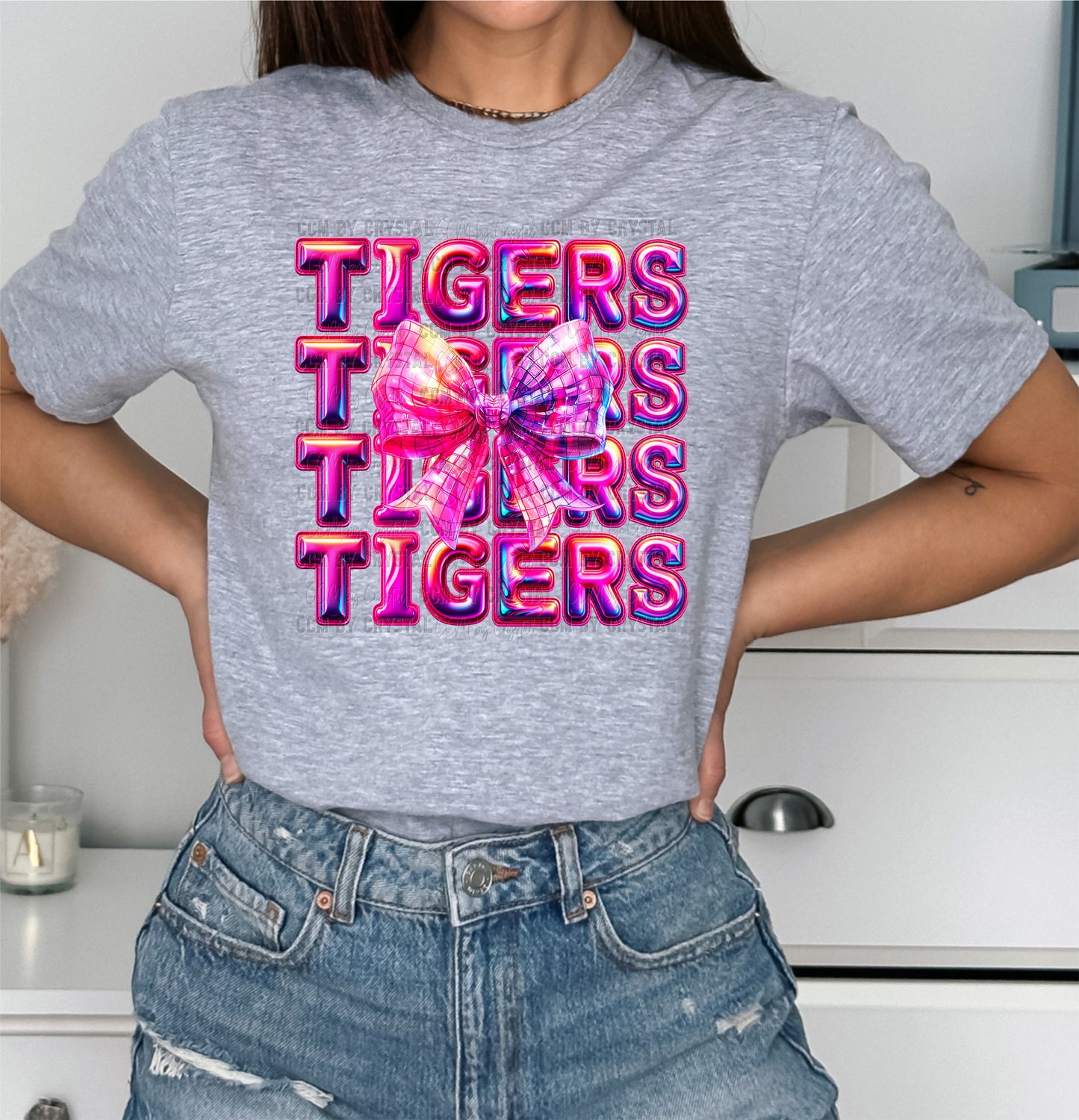 Stacked Tigers Pink Faux Holo Effect Gildan Softstyle T-Shirt