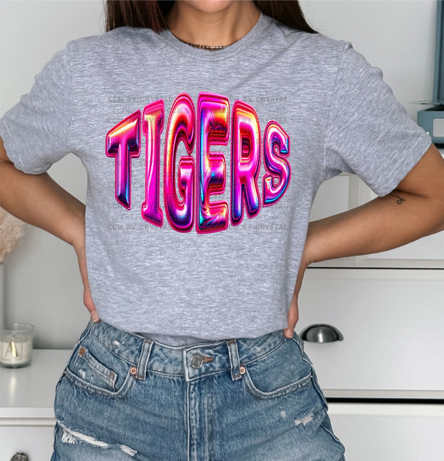 Tigers Pink Faux Holo Effect Gildan Softstyle T-Shirt