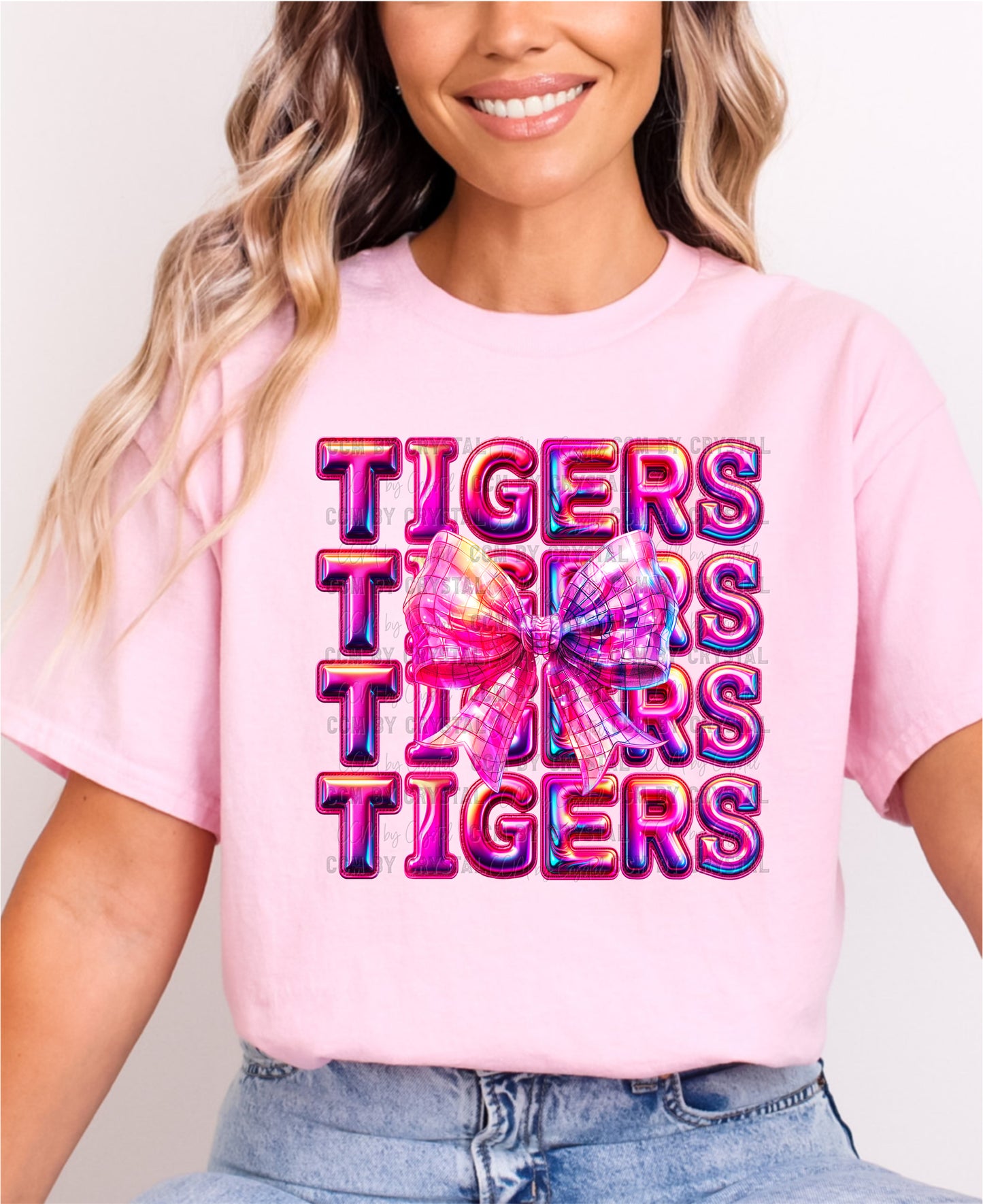Stacked Tigers Pink Faux Holo Effect Gildan Softstyle T-Shirt