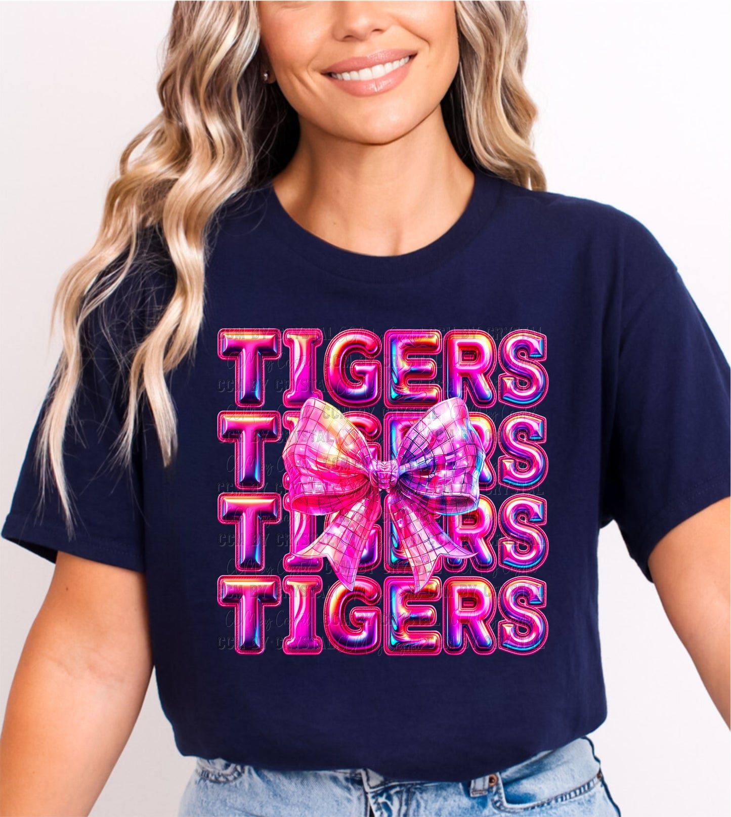 Stacked Tigers Pink Faux Holo Effect Gildan Softstyle T-Shirt