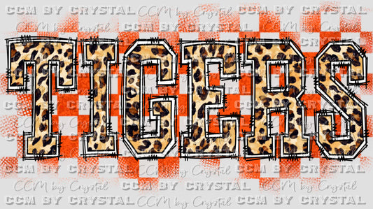 Tigers Orange Checkered Background Leopard Doodle Letters Ready to Press Transfer