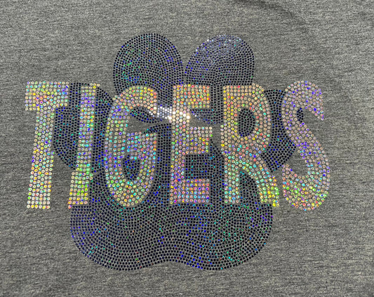 Tigers with Paw 11" Wide 2- Color Spangle Ready to Press Spangle Transfer Sparkle Bling
