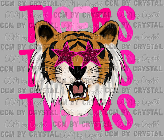 Tiger Pink Mascot Faux Glitter Ready to Press Transfer DTF Transfer Sublimation Transfer