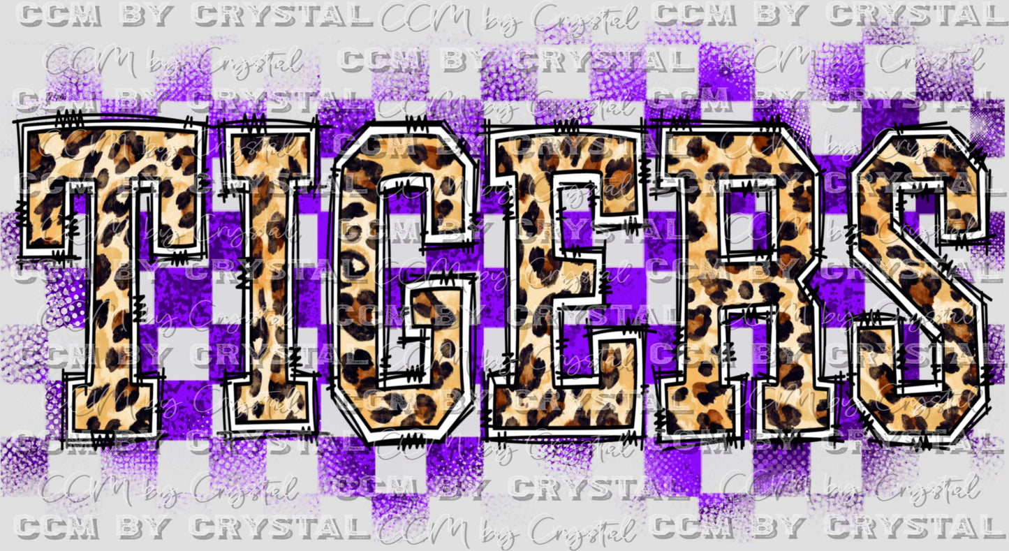 Tigers Purple Checkered Background Leopard Doodle Letters Ready to Press Transfer