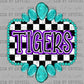 Purple Tigers Mascot Turquoise Concho Ready to Press Transfer DTF Transfer Sublimation Transfer
