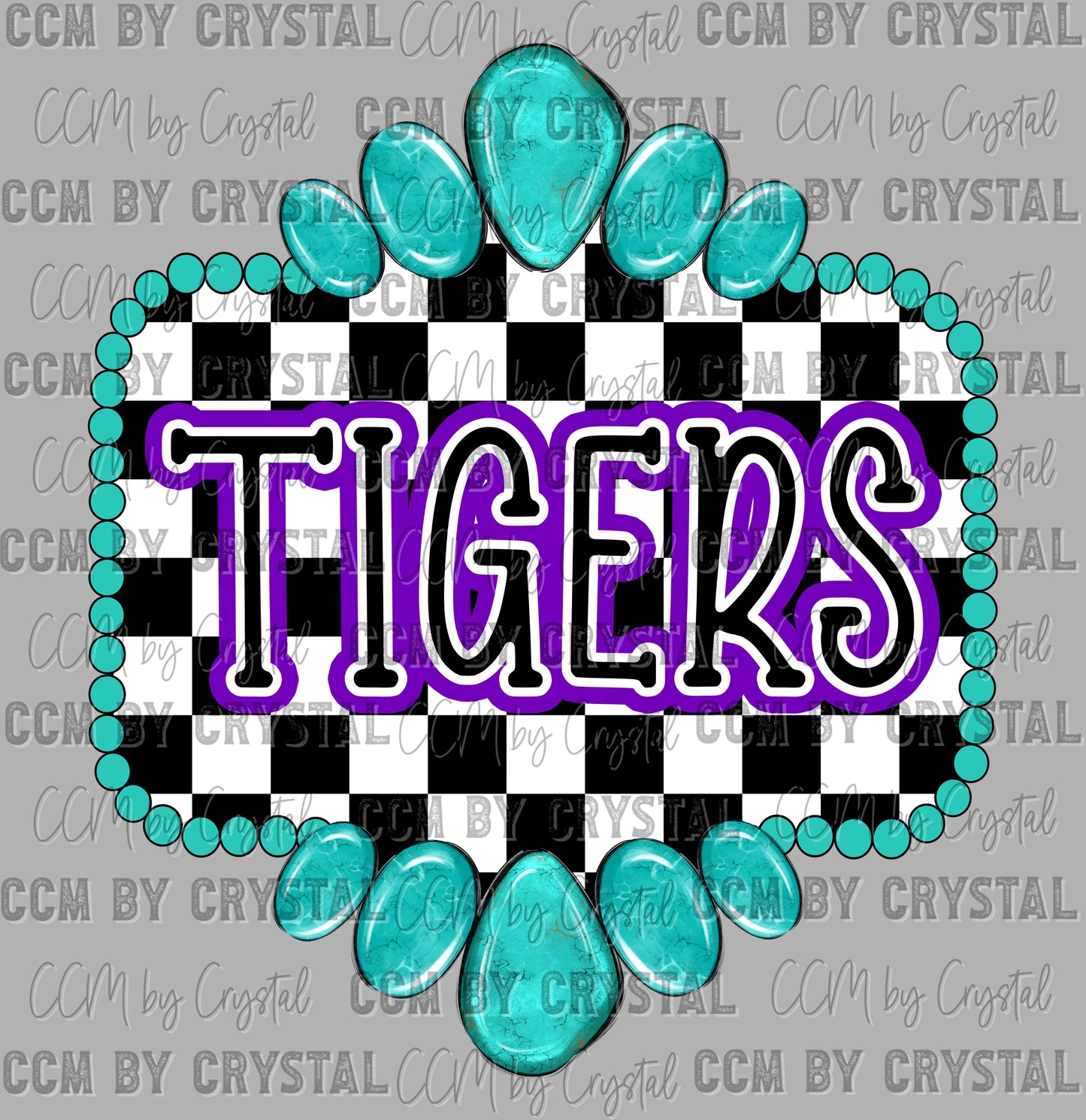 Purple Tigers Mascot Turquoise Concho Ready to Press Transfer DTF Transfer Sublimation Transfer