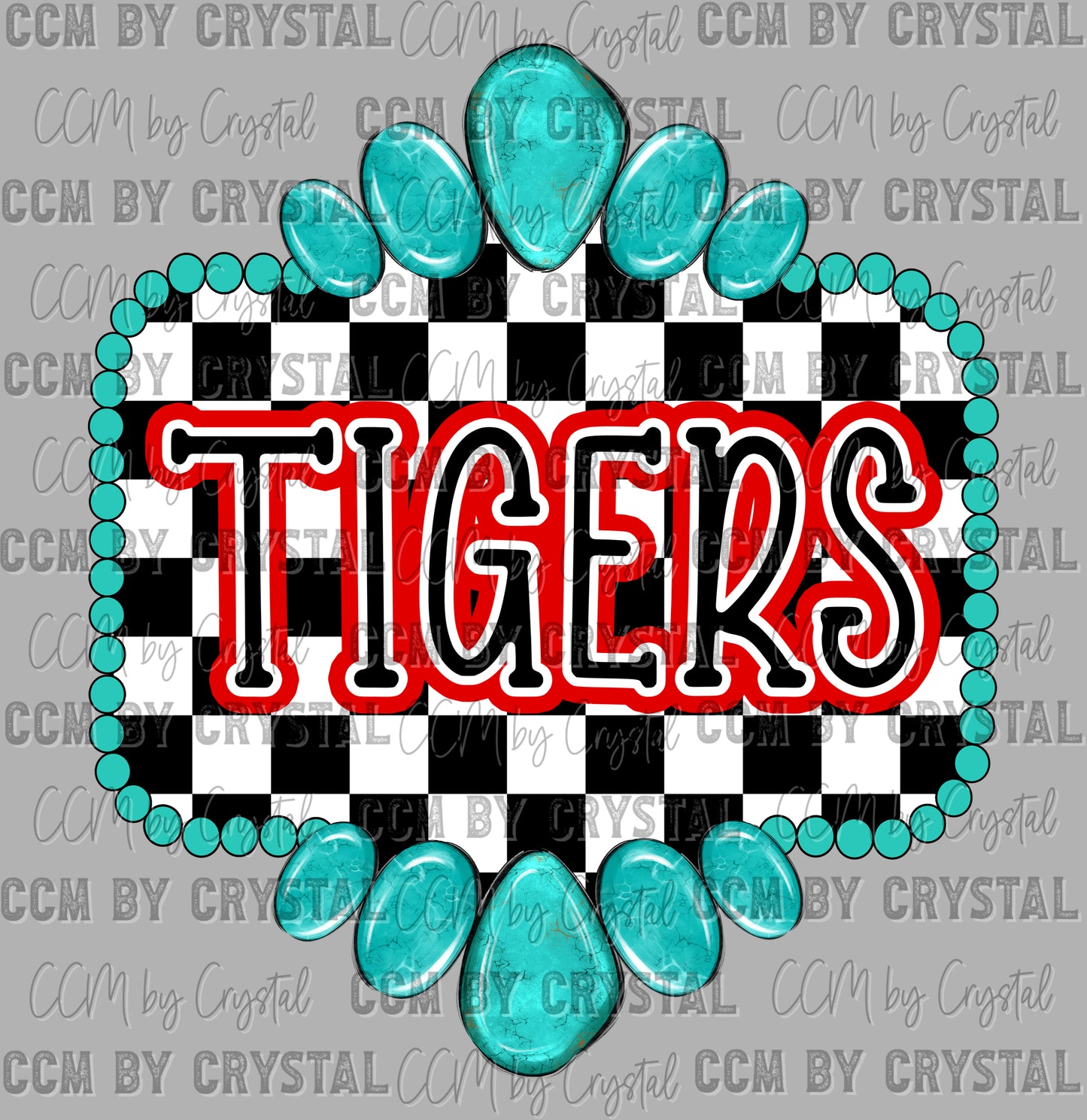 Red Tigers Mascot Turquoise Concho Ready to Press Transfer DTF Transfer Sublimation Transfer