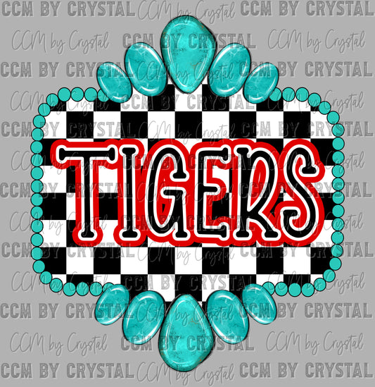 Red Tigers Mascot Turquoise Concho Ready to Press Transfer DTF Transfer Sublimation Transfer