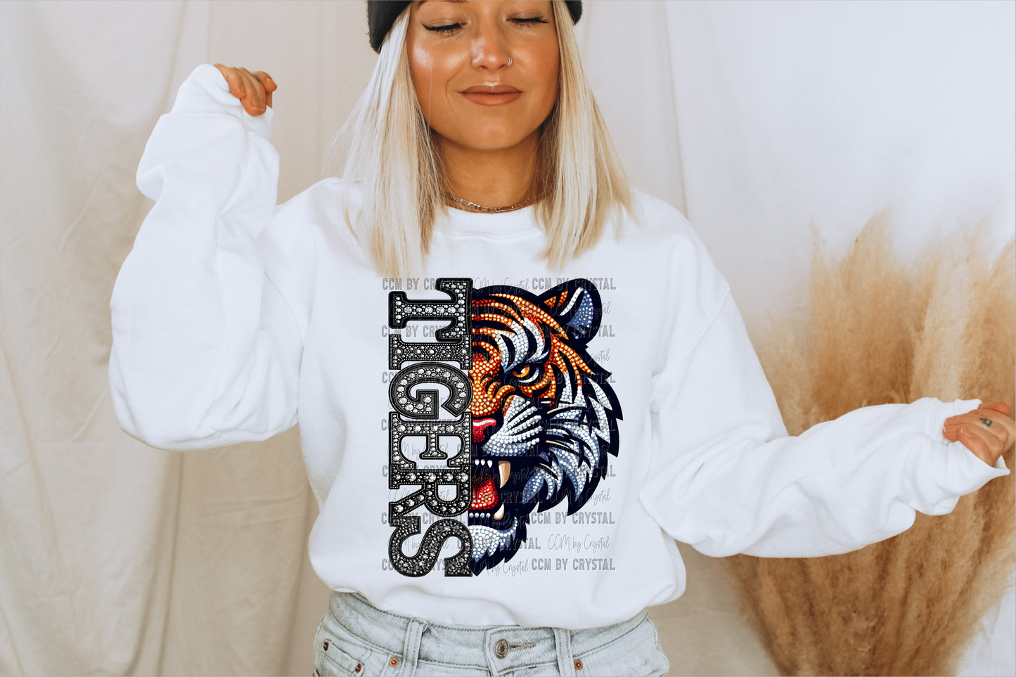 Tigers Mascot Faux Rhinestone Effect Ready to Press Transfer DTF Transfer Sublimation Transfer