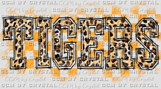 Tigers Yellow Checkered Background Leopard Doodle Letters Mascot Ready to Press Transfer