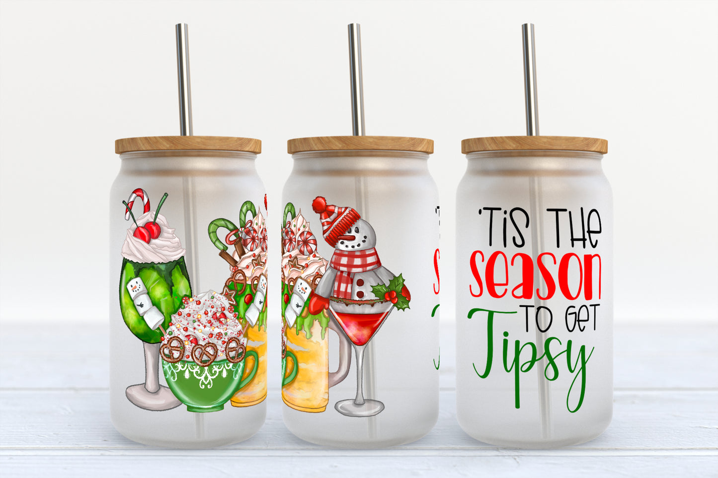 Tis the Season to Get Tipsy Christmas UV DTF Transfer 16oz Libby Glass Can Wrap Ready to Apply