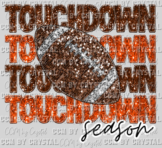 Touchdown Season Orange and Brown Football Faux Sequins Faux Embroidery Ready to Press Transfer