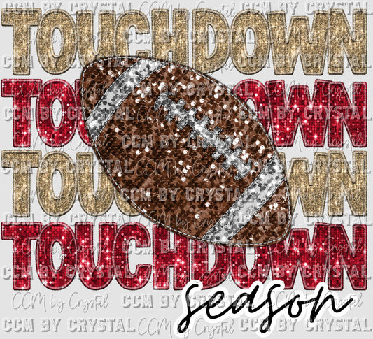 Touchdown Season Red and Gold Football Faux Sequins Faux Embroidery Ready to Press Transfer