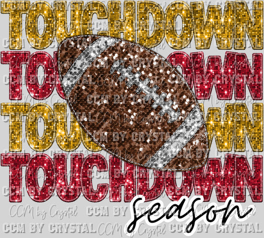 Touchdown Season Red and Gold Football Faux Sequins Faux Embroidery Ready to Press Transfer