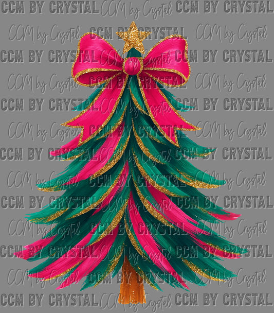 Christmas Tree Dark Pink Green Faux GlitterReady to Press Instant Peel DTF Transfers Sublimation Transfers