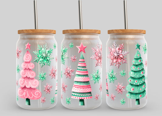 Colorful Christmas Trees UV Transfer 16oz Libby Glass Can Wrap Ready to Apply