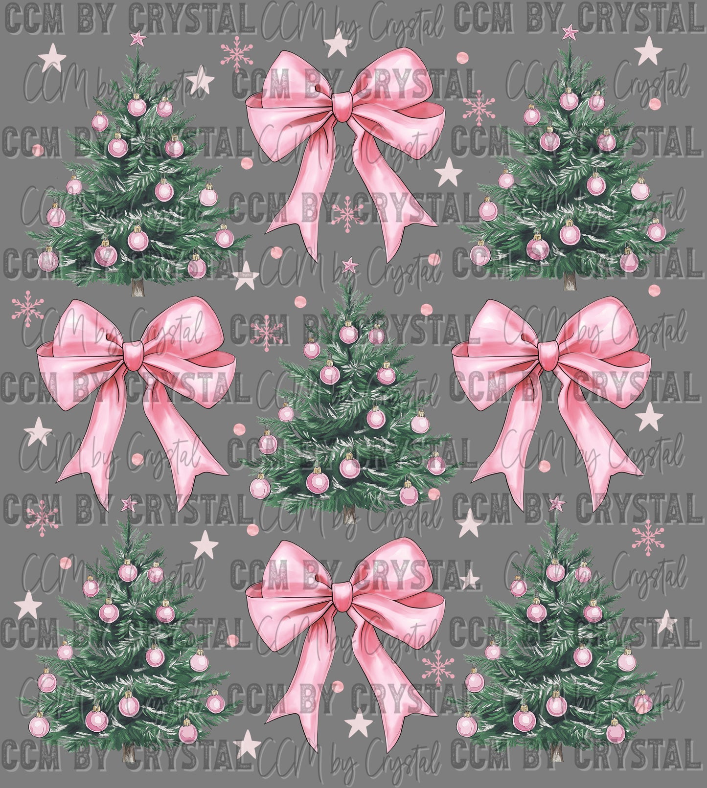 Christmas Trees Pink Ornaments and Bows Ready to Press Transfer DTF Transfer Sublimation Transfer