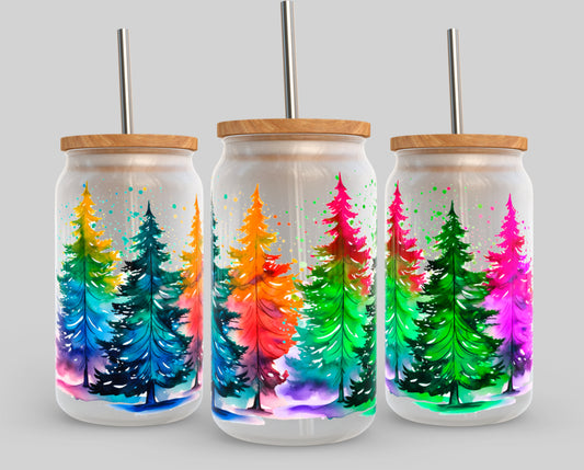 Colorful Christmas Trees UV Transfer 16oz Libby Glass Can Wrap Ready to Apply