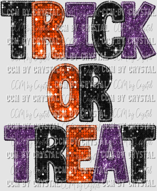 Trick or Treat Faux Sequins Faux Embroidery Halloween Ready to Press Transfer