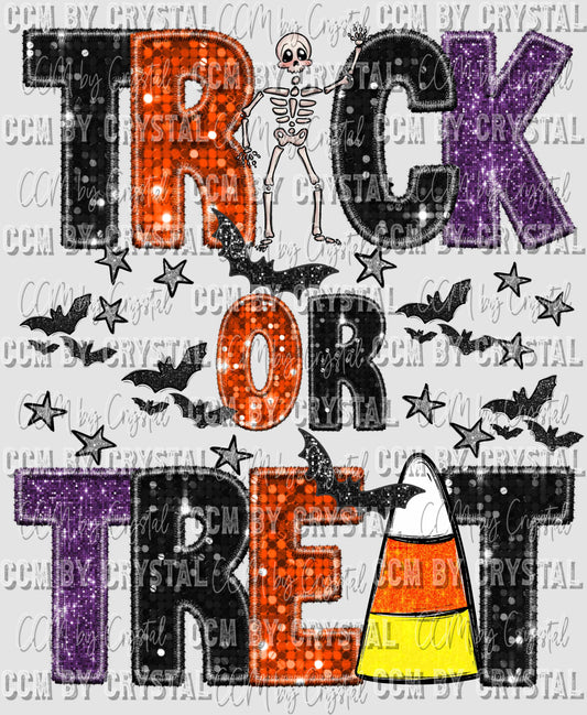 Trick or Treat Faux Sequins Faux Embroidery Halloween Ready to Press Transfer