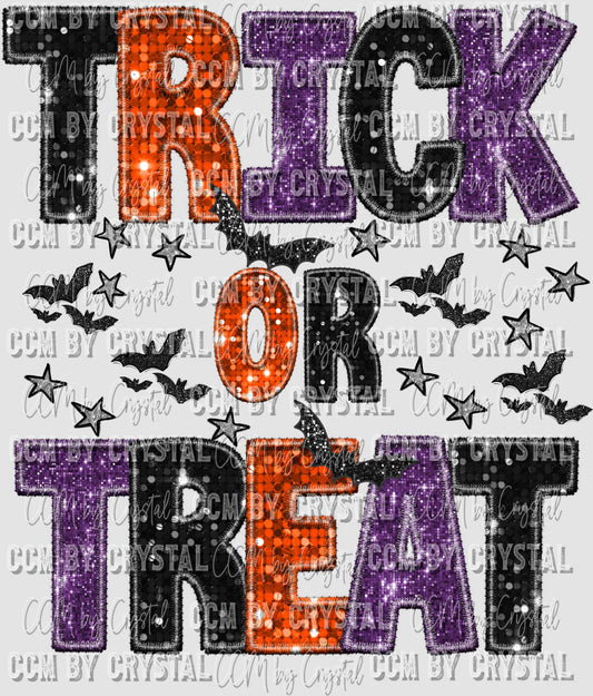 Trick or Treat Faux Sequins Faux Embroidery Halloween Ready to Press Transfer