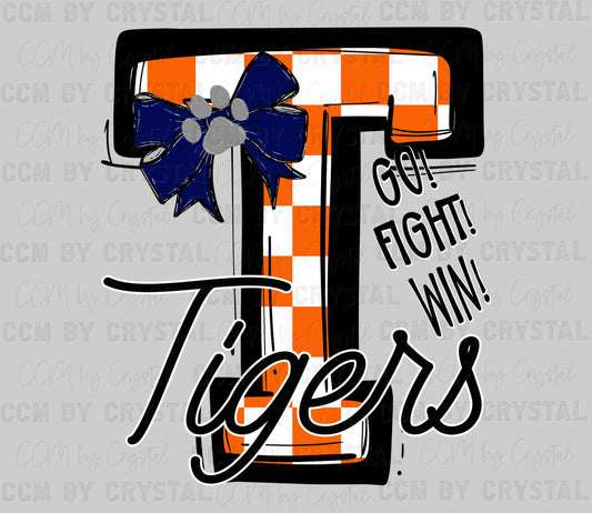 T Tigers Go Fight Win Orange Checkered Mascot Ready to Press Transfer DTF Transfer Sublimation Transfer