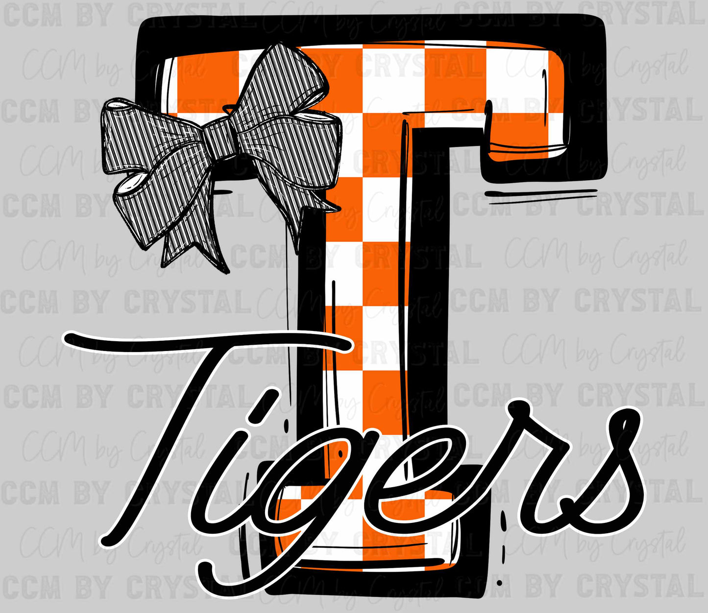Tigers Checkered Bow Sports Mascot Ready to Press Transfer DTF Transfer Sublimation Transfer