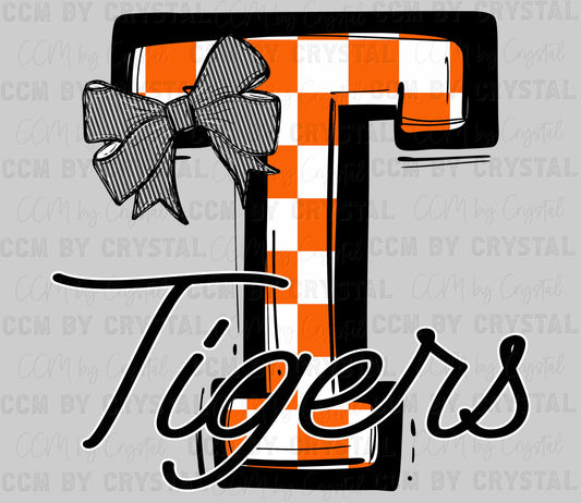 Tigers Checkered Bow Sports Mascot Ready to Press Transfer DTF Transfer Sublimation Transfer