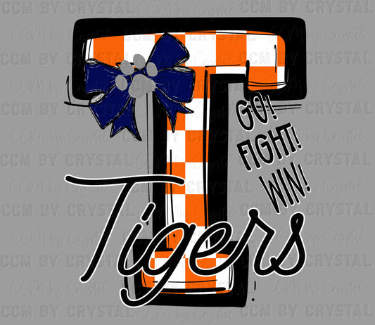 Tigers Go Fight Win Checkered Bow Paw Sports Mascot Ready to Press Transfer DTF Transfer Sublimation Transfer