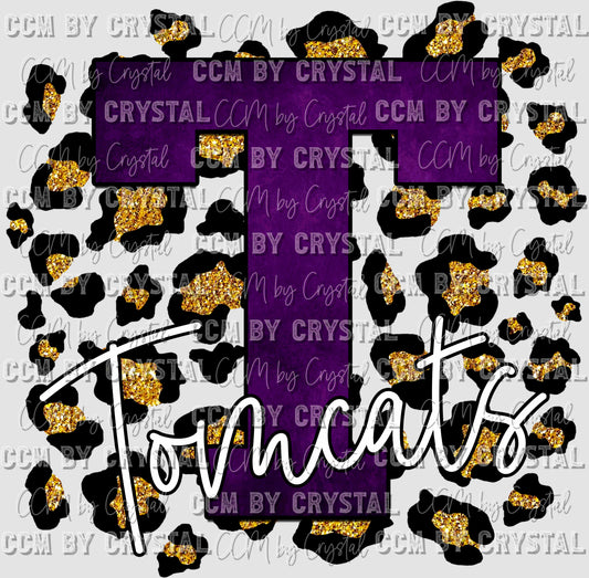 T Tomcats Purple with Gold Leopard Background Mascot Ready to Press Transfer