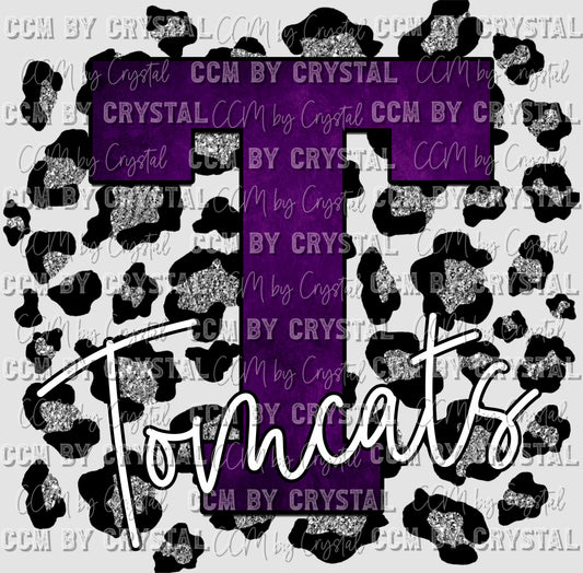 T Tomcats Purple with Silver Leopard Background Mascot Ready to Press Transfer