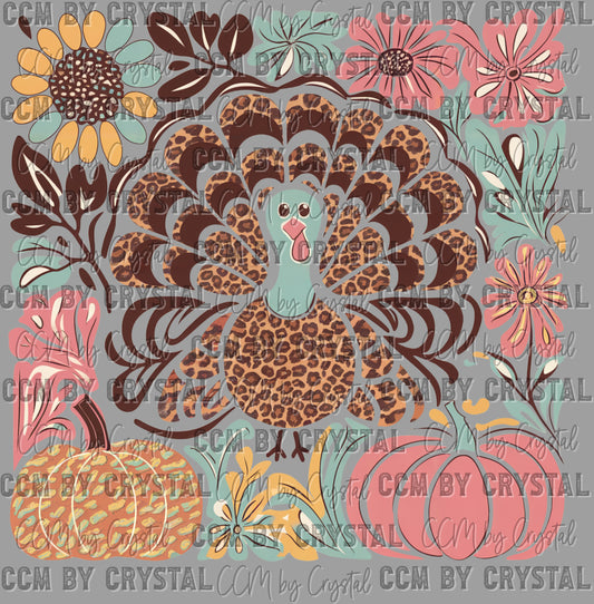 Floral Turkey Fall Ready to Press Transfer Instant Peel DTF Transfer Sublimation Transfer