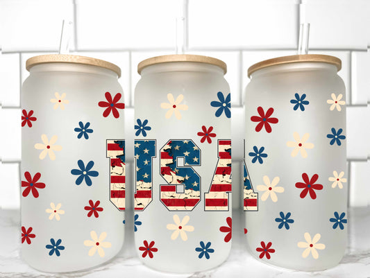 USA Flag Flowers UV Transfer 16oz Libby Glass Can Wrap Ready to Apply