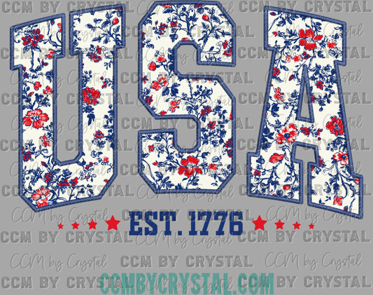 USA est 1776 Faux Embroidery Fourth of July 4th Patriotic Ready to Press Transfer DTF Transfer Sublimation Transfer