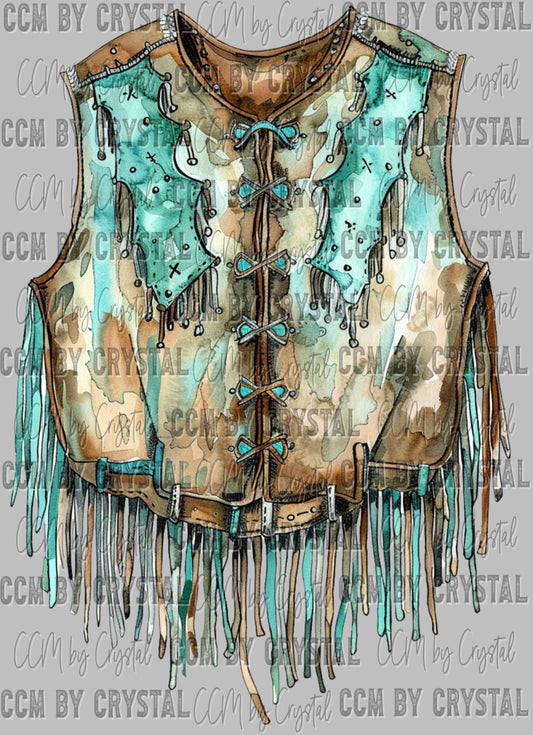 Vest Turquoise Western Ready to Press Transfer DTF Transfer Sublimation Transfer