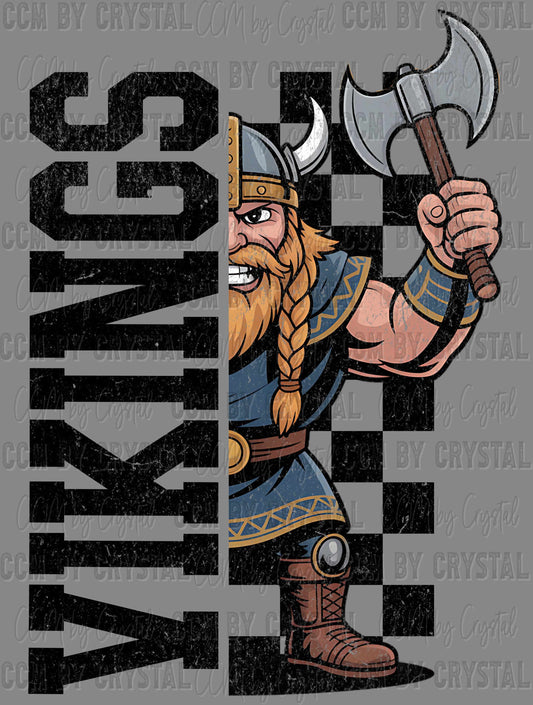 Vikings Grunge Checkered Sports Mascot Ready to Press Transfer DTF Transfer Sublimation Transfer