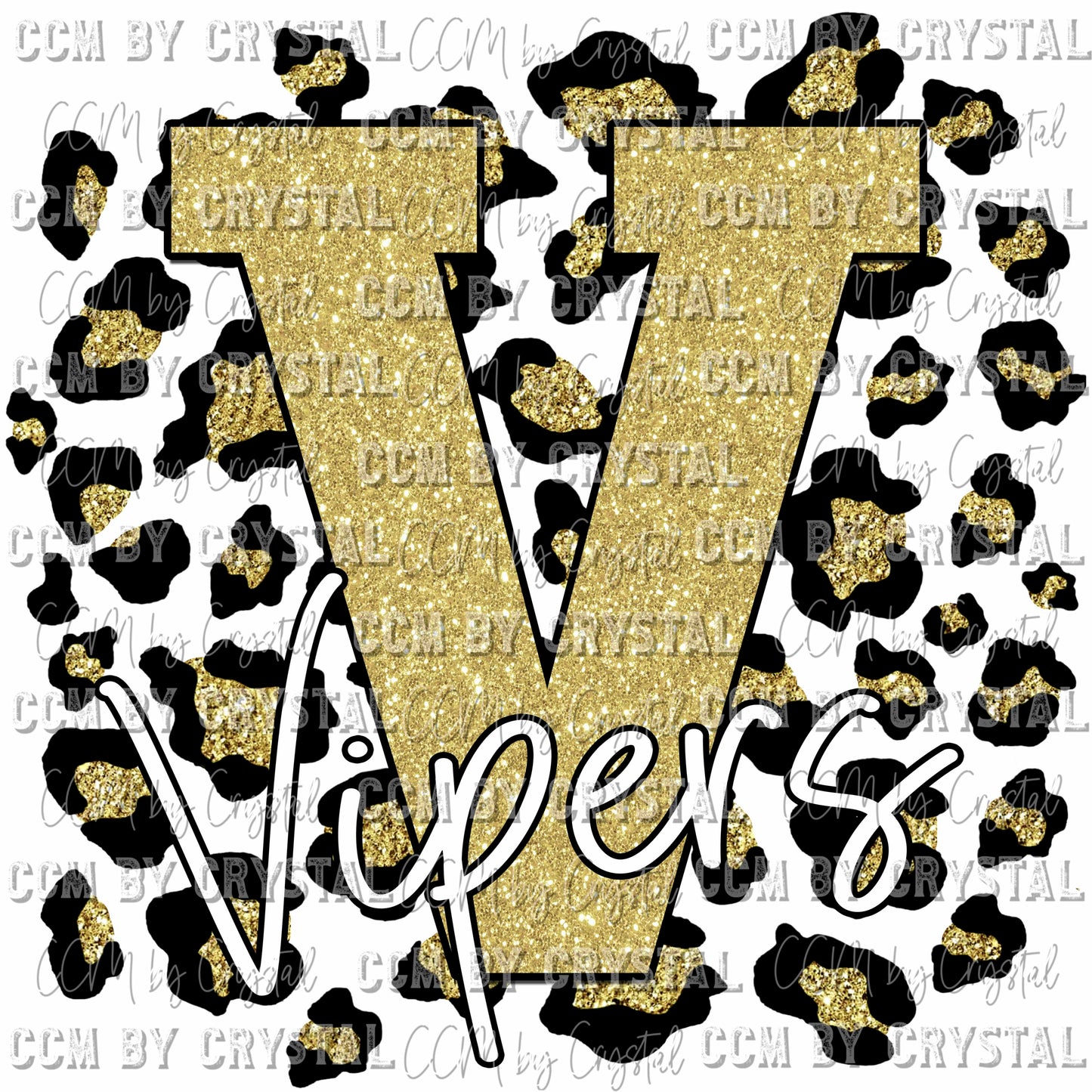 V Vipers Gold Glitter Letter with Gold Glitter Leopard background Mascot Ready to Press Transfer