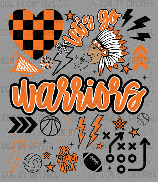 Let's Go Warriors Orange Sports Mascot Ready to Press Transfer DTF Transfer Sublimation Transfer