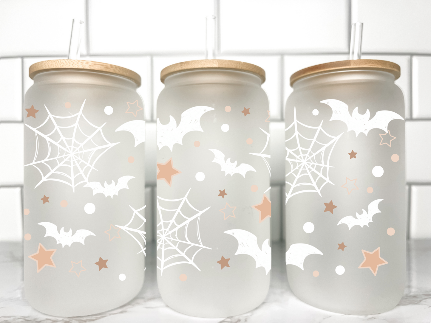 Halloween White Bats UV Transfer 16oz Libby Glass Can Wrap Ready to Apply