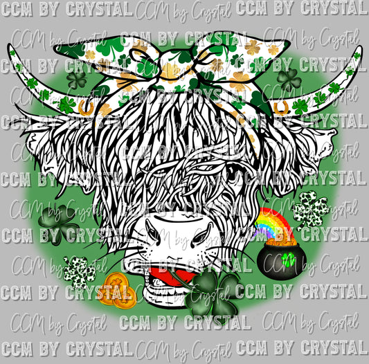 St. Patrick's Day Highland Cow White  Ready to Press Transfer