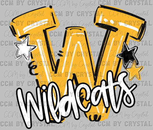 W Wildcats Yellow Mascot Ready to Press DTF Transfers Sublimation Transfers
