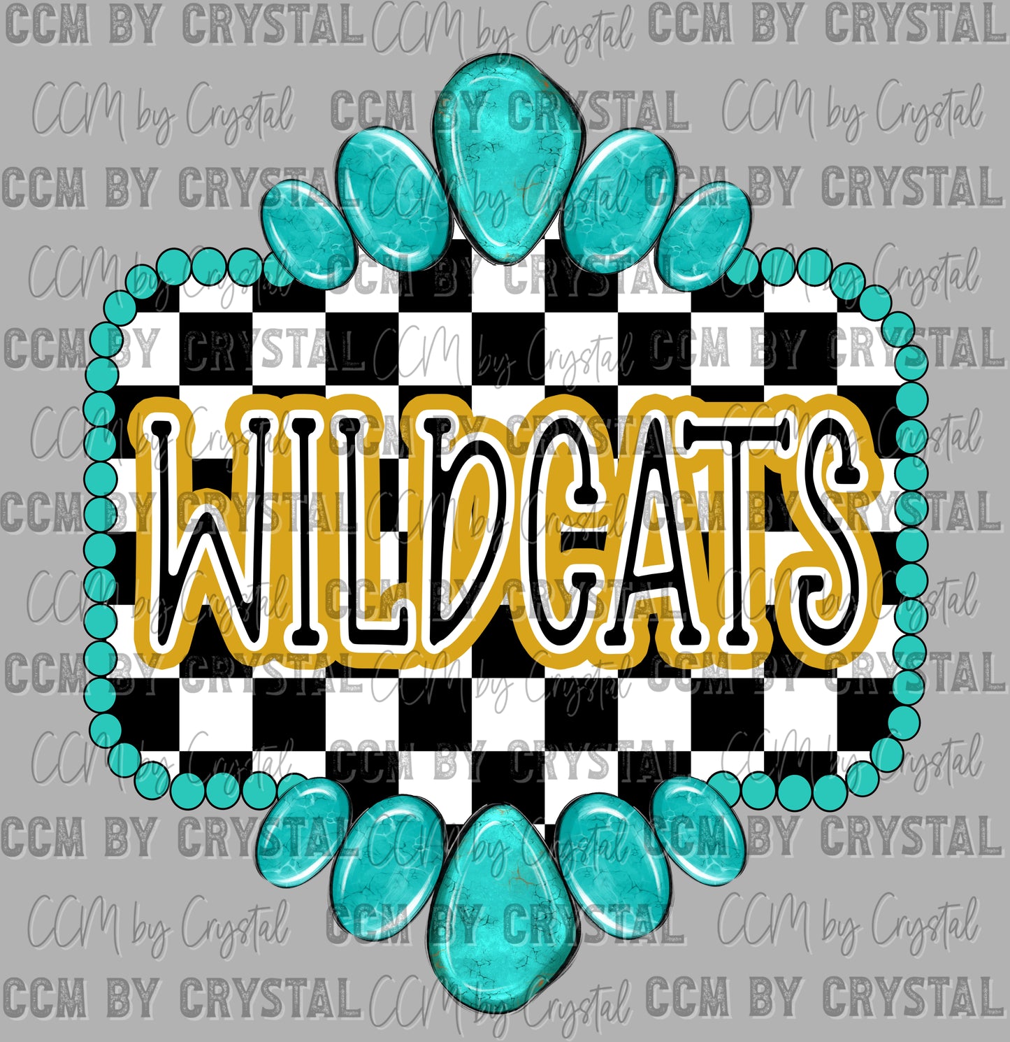Gold Wildcats Mascot Turquoise Concho Ready to Press Transfer DTF Transfer Sublimation Transfer
